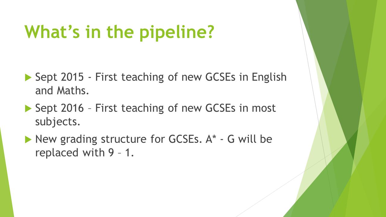 What’s in the pipeline.  Sept First teaching of new GCSEs in English and Maths.