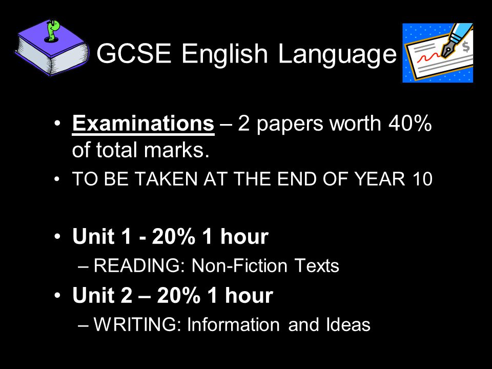 GCSE English Language Examinations – 2 papers worth 40% of total marks.