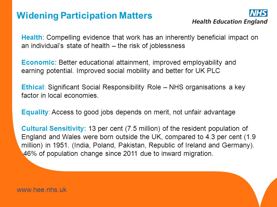 Widening Participation Matters Health: Compelling evidence that work has an inherently beneficial impact on an individual’s state of health – the risk of joblessness Economic: Better educational attainment, improved employability and earning potential.