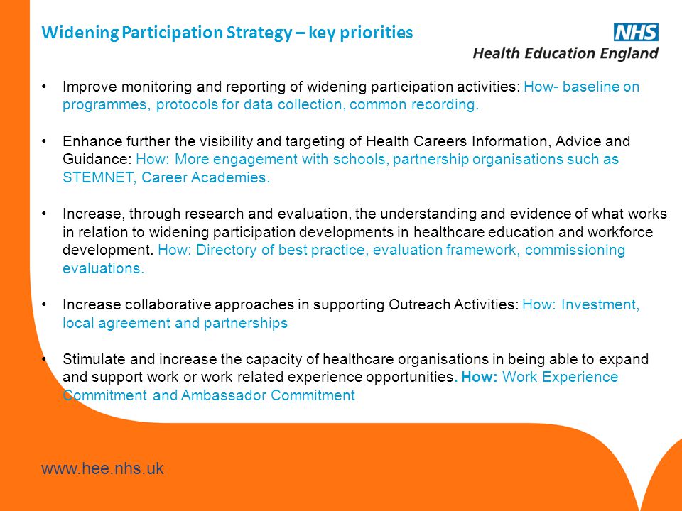 Widening Participation Strategy – key priorities Improve monitoring and reporting of widening participation activities: How- baseline on programmes, protocols for data collection, common recording.