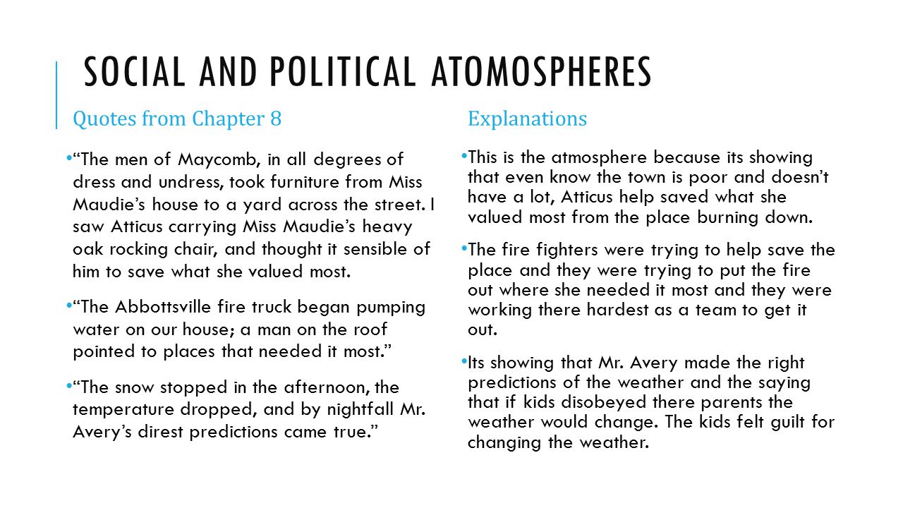 SOCIAL AND POLITICAL ATOMOSPHERES Quotes from Chapter 8 The men of Maycomb, in all degrees of dress and undress, took furniture from Miss Maudie’s house to a yard across the street.