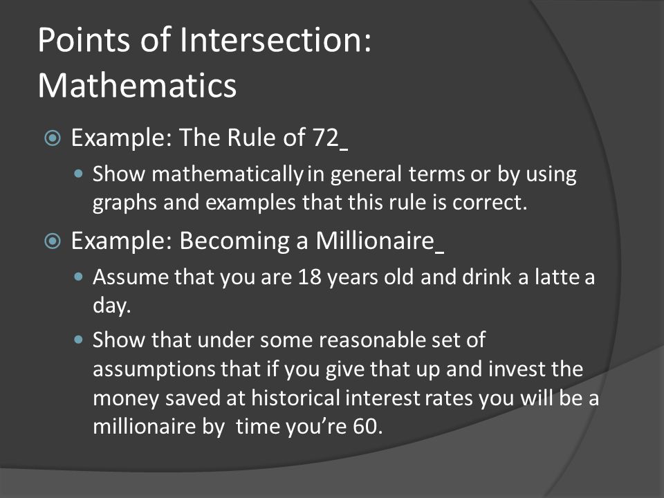Points of Intersection: Mathematics  Example: The Rule of 72 Show mathematically in general terms or by using graphs and examples that this rule is correct.