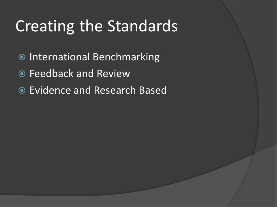 Creating the Standards  International Benchmarking  Feedback and Review  Evidence and Research Based