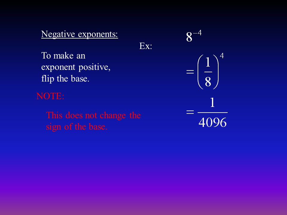 Negative exponents: To make an exponent positive, flip the base.