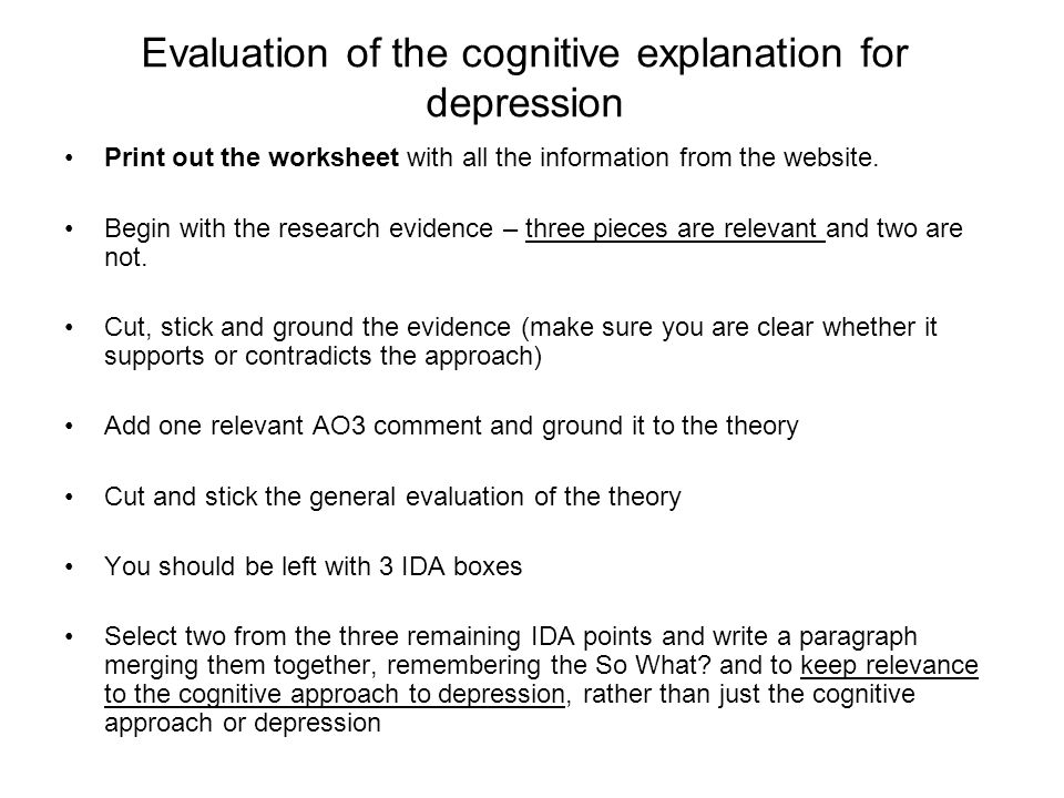 Evaluation of the cognitive explanation for depression Print out the worksheet with all the information from the website.