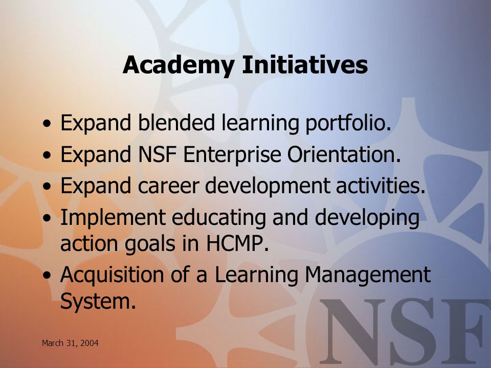 March 31, 2004 Academy Initiatives Expand blended learning portfolio.