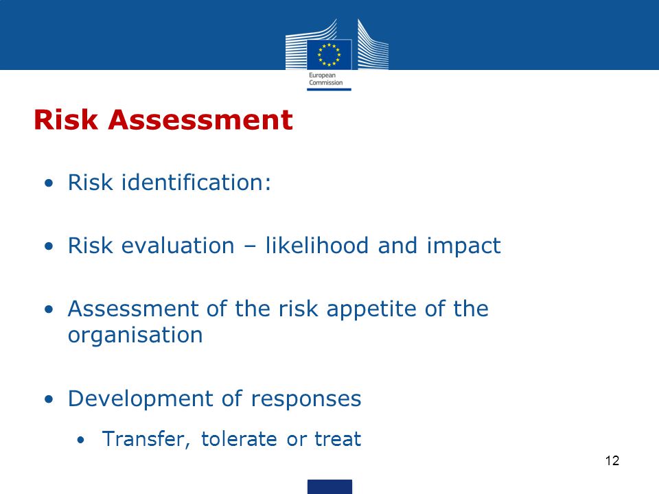 Risk identification: Risk evaluation – likelihood and impact Assessment of the risk appetite of the organisation Development of responses Transfer, tolerate or treat Risk Assessment 12