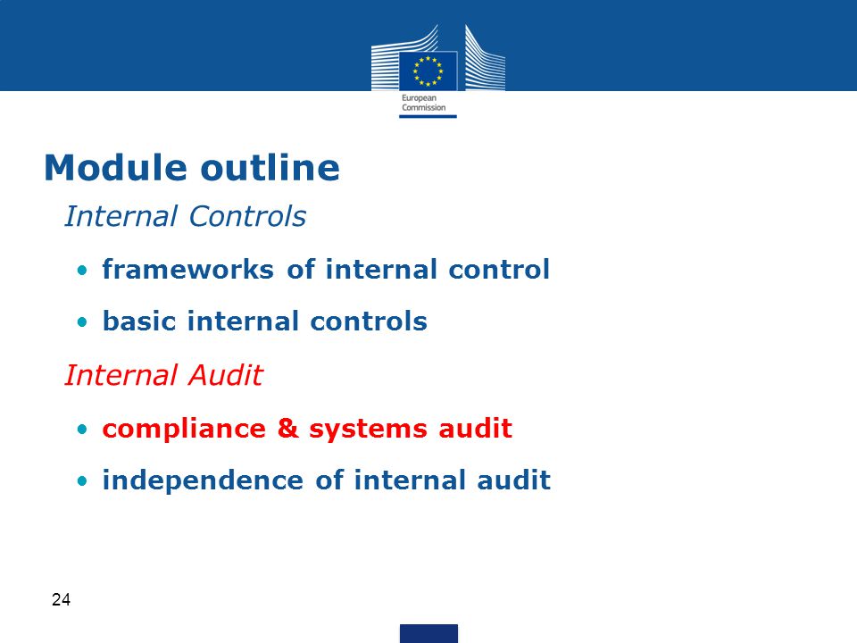 Internal Controls frameworks of internal control basic internal controls Internal Audit compliance & systems audit independence of internal audit Module outline 24