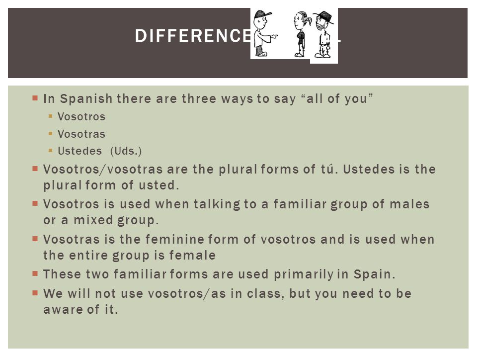  In Spanish there are three ways to say all of you  Vosotros  Vosotras  Ustedes (Uds.)  Vosotros/vosotras are the plural forms of tú.