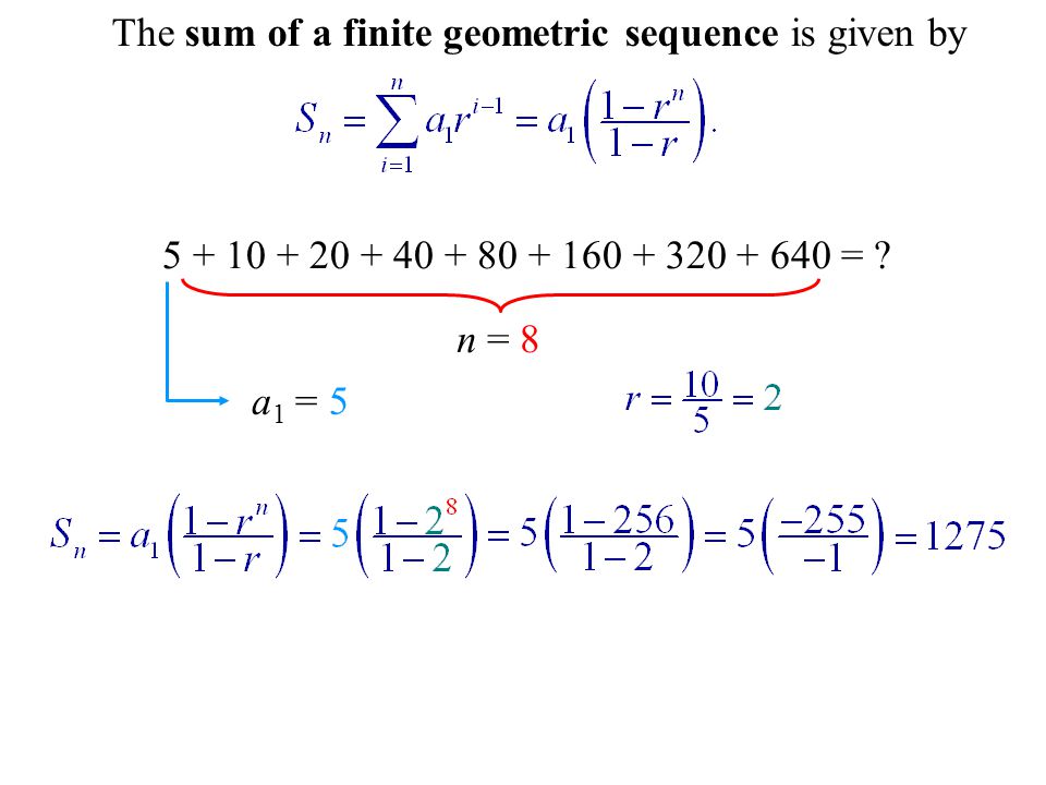 The Sum of a Finite Geometric Sequence The sum of a finite geometric sequence is given by = .