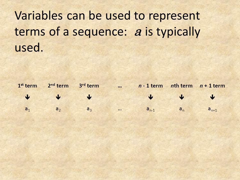 1 st term2 nd term3 rd term…n - 1 termnth termn + 1 term  a1a1 a2a2 a3a3 …a n-1 anan a n+1 Variables can be used to represent terms of a sequence: a is typically used.
