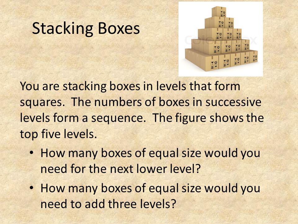 Stacking Boxes You are stacking boxes in levels that form squares.