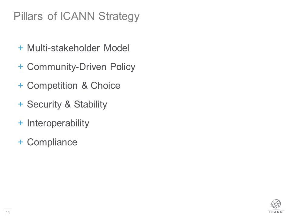 11  Multi-stakeholder Model  Community-Driven Policy  Competition & Choice  Security & Stability  Interoperability  Compliance Pillars of ICANN Strategy