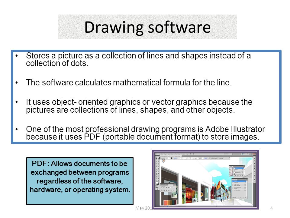 Drawing software Stores a picture as a collection of lines and shapes instead of a collection of dots.