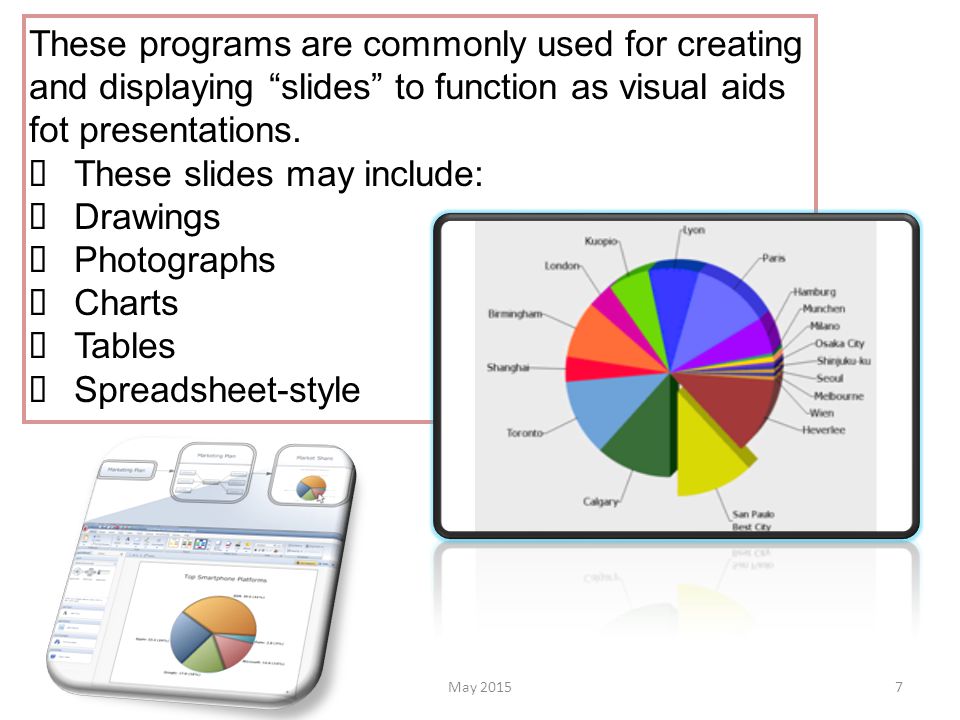 7 These programs are commonly used for creating and displaying slides to function as visual aids fot presentations.