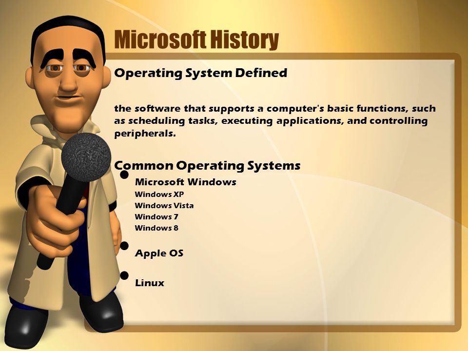 Microsoft History Operating System Defined the software that supports a computer s basic functions, such as scheduling tasks, executing applications, and controlling peripherals.