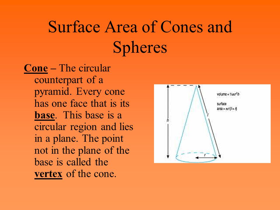 Surface Area of Cones and Spheres Cone – The circular counterpart of a pyramid.