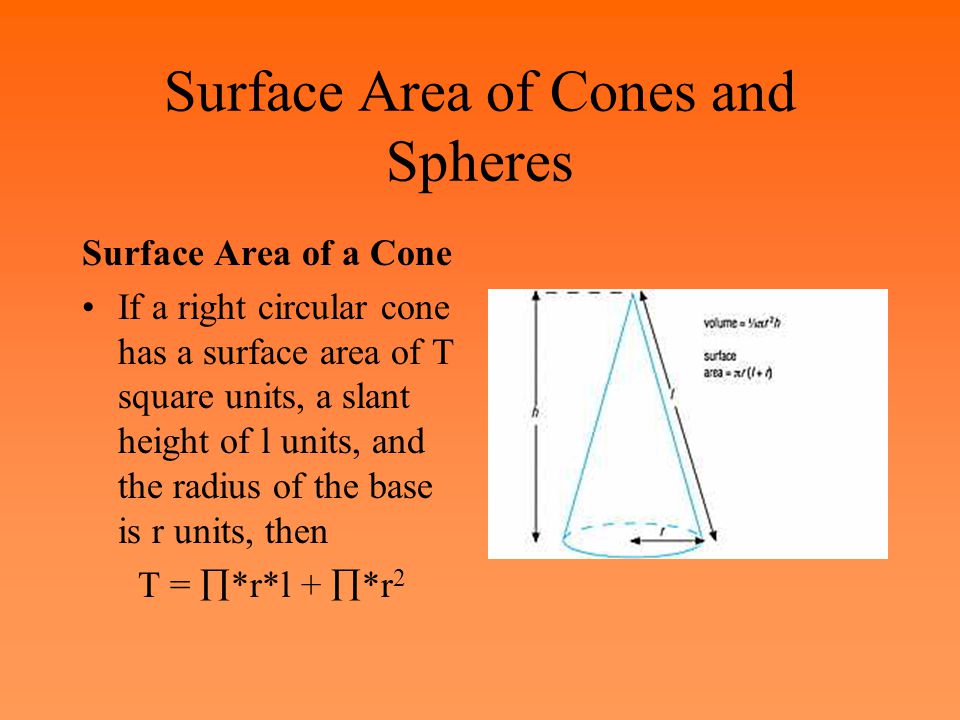 Surface Area of Cones and Spheres Surface Area of a Cone If a right circular cone has a surface area of T square units, a slant height of l units, and the radius of the base is r units, then T =  *r*l +  *r 2