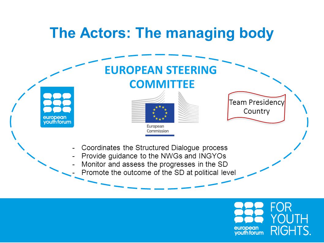The Actors: The managing body Team Presidency Country EUROPEAN STEERING COMMITTEE -Coordinates the Structured Dialogue process -Provide guidance to the NWGs and INGYOs -Monitor and assess the progresses in the SD -Promote the outcome of the SD at political level