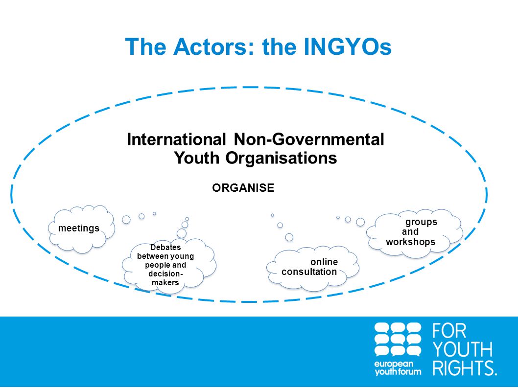 The Actors: the INGYOs International Non-Governmental Youth Organisations conduct consultations with young people and and regional wherever possible).