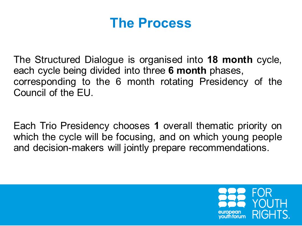 The Process The Structured Dialogue is organised into 18 month cycle, each cycle being divided into three 6 month phases, corresponding to the 6 month rotating Presidency of the Council of the EU.
