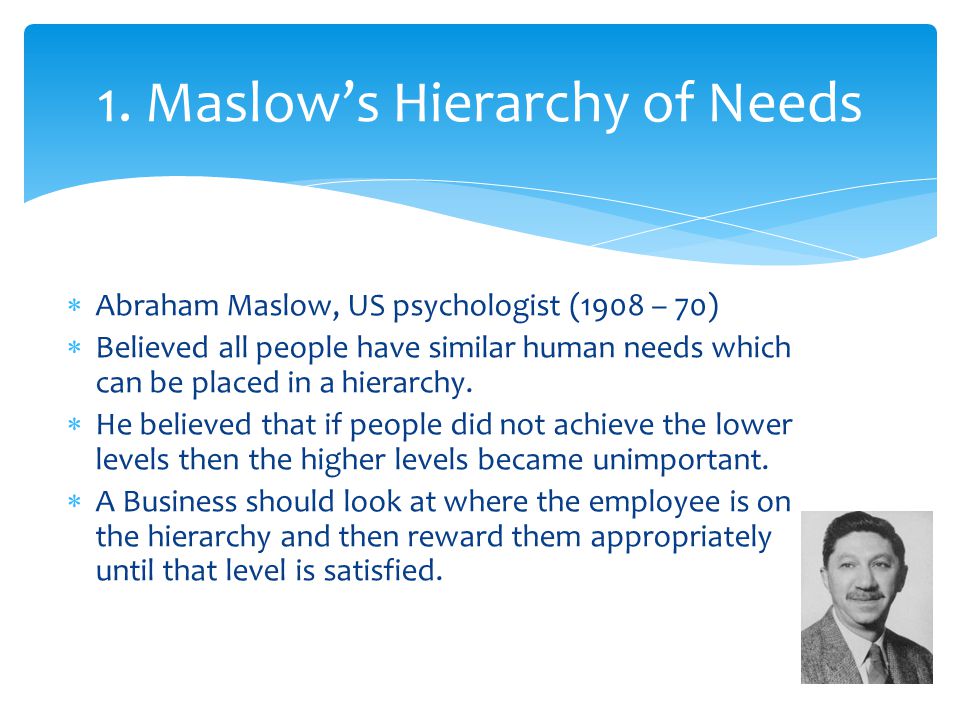 Abraham Maslow, US psychologist (1908 – 70)  Believed all people have similar human needs which can be placed in a hierarchy.