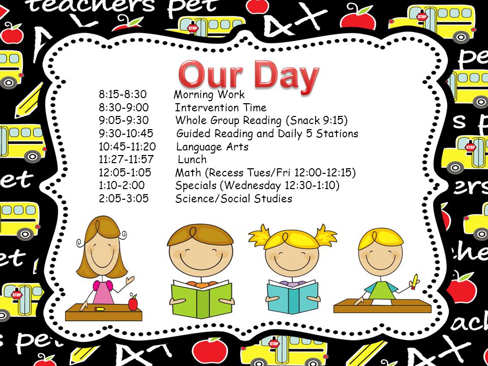 8:15-8:30 Morning Work 8:30-9:00 Intervention Time 9:05-9:30 Whole Group Reading (Snack 9:15) 9:30-10:45 Guided Reading and Daily 5 Stations 10:45-11:20 Language Arts 11:27-11:57 Lunch 12:05-1:05 Math (Recess Tues/Fri 12:00-12:15) 1:10-2:00 Specials (Wednesday 12:30-1:10) 2:05-3:05 Science/Social Studies