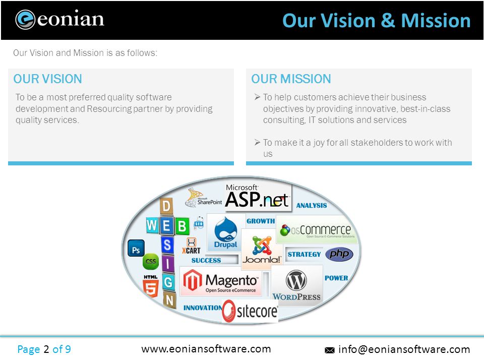 Our Vision & Mission Page 2 of 9   Our Vision and Mission is as follows: OUR VISION To be a most preferred quality software development and Resourcing partner by providing quality services.
