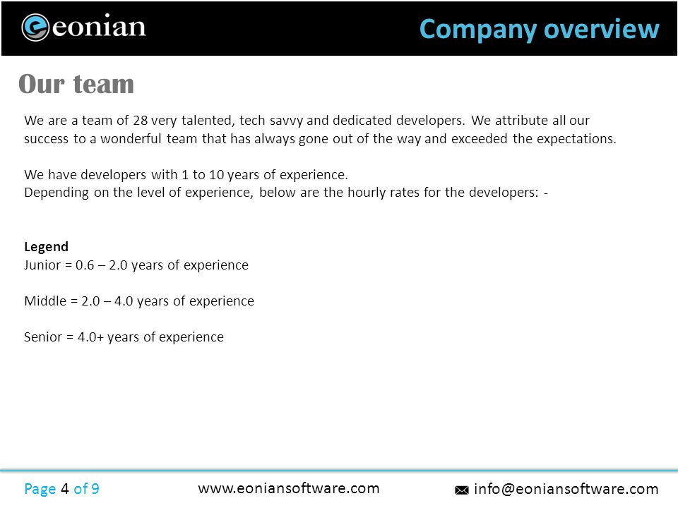 Company overview Page 4 of 9   Our team We are a team of 28 very talented, tech savvy and dedicated developers.