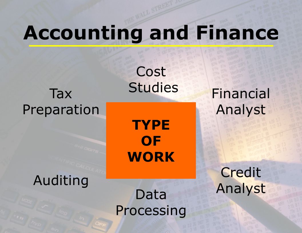 Accounting and Finance Tax Preparation Cost Studies Financial Analyst TYPE OF WORK Auditing Credit Analyst Data Processing