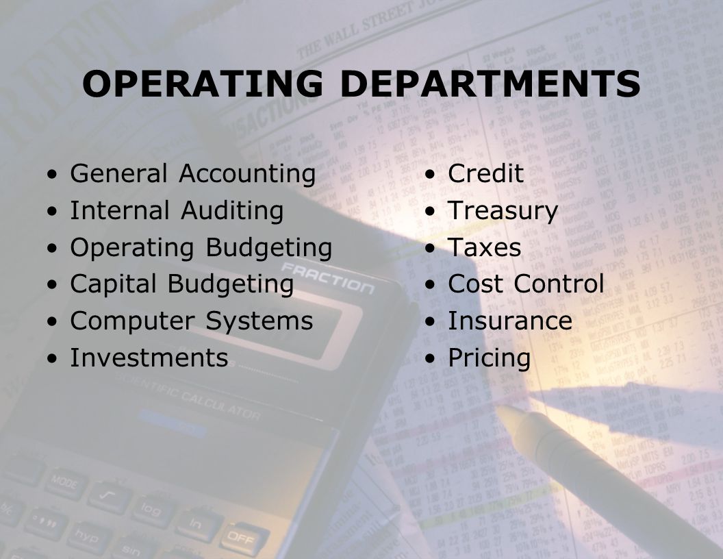 OPERATING DEPARTMENTS General Accounting Internal Auditing Operating Budgeting Capital Budgeting Computer Systems Investments Credit Treasury Taxes Cost Control Insurance Pricing