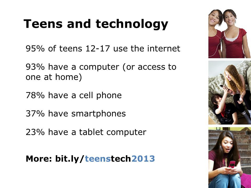 Teens and technology 95% of teens use the internet 93% have a computer (or access to one at home) 78% have a cell phone 37% have smartphones 23% have a tablet computer More: bit.ly/teenstech2013