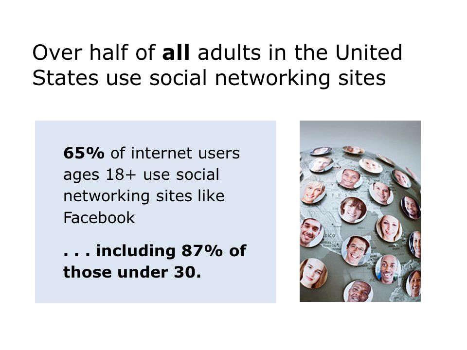 Over half of all adults in the United States use social networking sites 65% of internet users ages 18+ use social networking sites like Facebook...