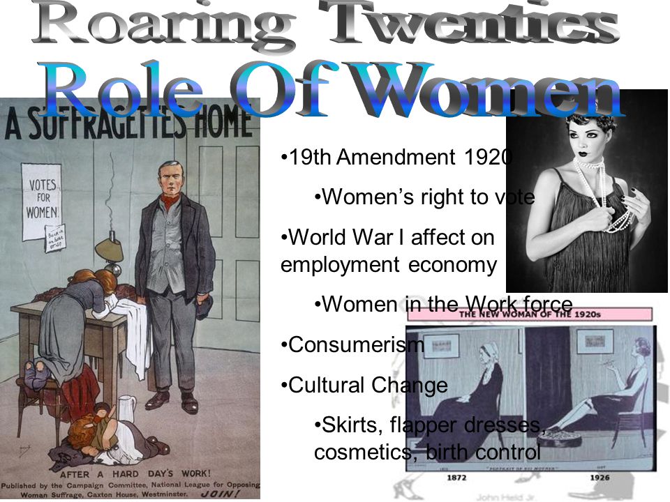 19th Amendment 1920 Women’s right to vote World War I affect on employment economy Women in the Work force Consumerism Cultural Change Skirts, flapper dresses, cosmetics, birth control