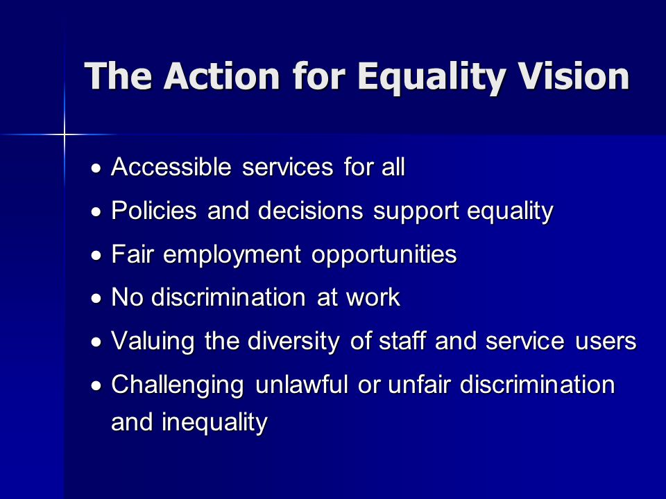 The Action for Equality Vision  Accessible services for all  Policies and decisions support equality  Fair employment opportunities  No discrimination at work  Valuing the diversity of staff and service users  Challenging unlawful or unfair discrimination and inequality