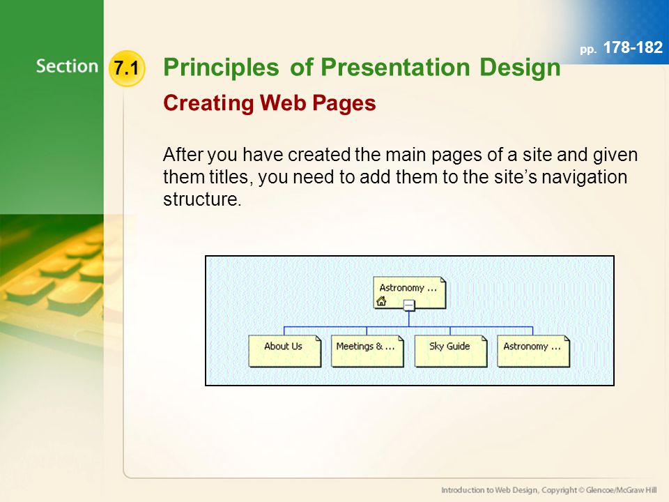 7.1 Principles of Presentation Design After you have created the main pages of a site and given them titles, you need to add them to the site’s navigation structure.