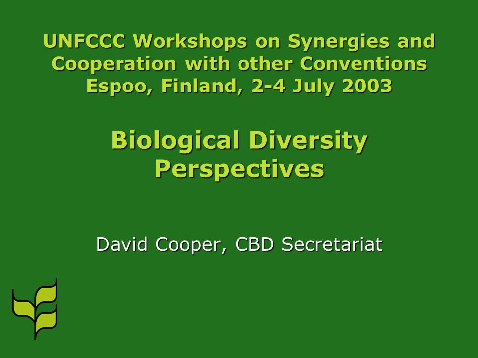 UNFCCC Workshops on Synergies and Cooperation with other Conventions Espoo, Finland, 2-4 July 2003 Biological Diversity Perspectives David Cooper, CBD Secretariat