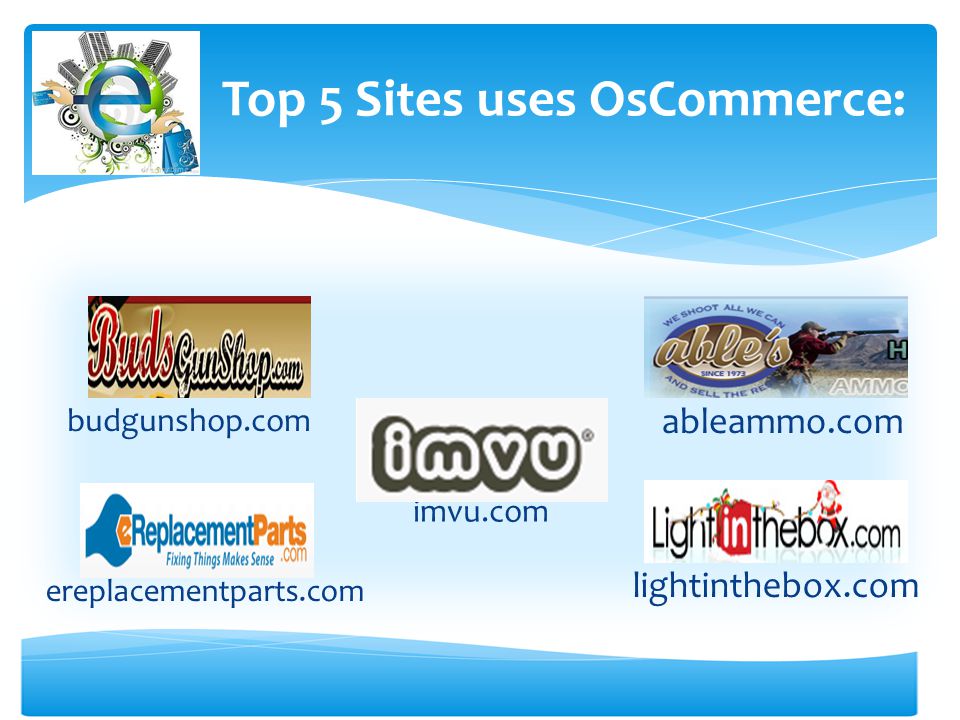 Top 5 Sites uses OsCommerce: imvu.com budgunshop.com ableammo.com ereplacementparts.com lightinthebox.com