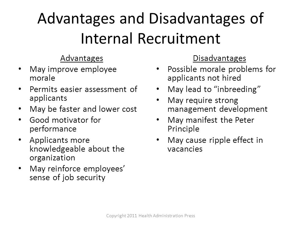 Advantages and Disadvantages of Internal Recruitment Advantages May improve employee morale Permits easier assessment of applicants May be faster and lower cost Good motivator for performance Applicants more knowledgeable about the organization May reinforce employees’ sense of job security Disadvantages Possible morale problems for applicants not hired May lead to inbreeding May require strong management development May manifest the Peter Principle May cause ripple effect in vacancies Copyright 2011 Health Administration Press