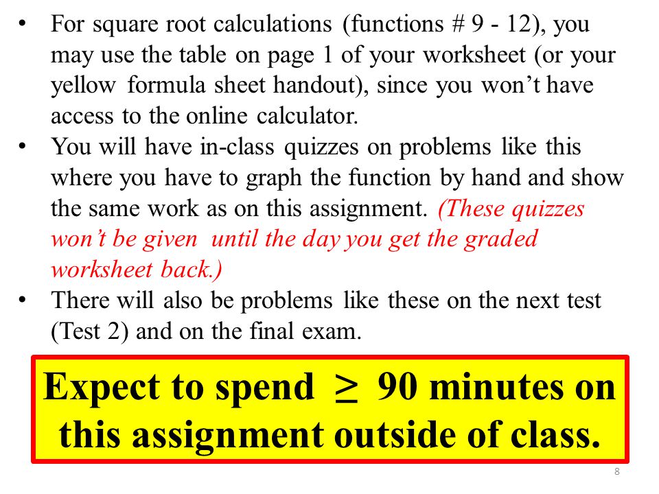 8 For square root calculations (functions # ), you may use the table on page 1 of your worksheet (or your yellow formula sheet handout), since you won’t have access to the online calculator.