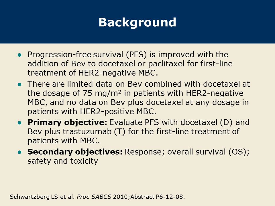 Background Progression-free survival (PFS) is improved with the addition of Bev to docetaxel or paclitaxel for first-line treatment of HER2-negative MBC.