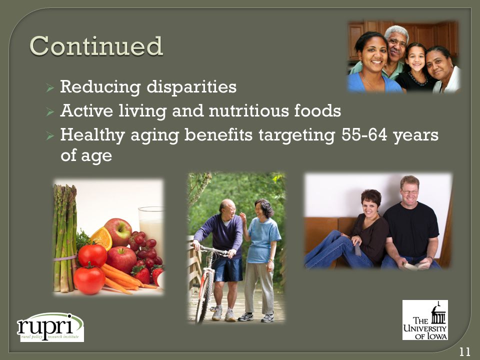  Reducing disparities  Active living and nutritious foods  Healthy aging benefits targeting years of age 11