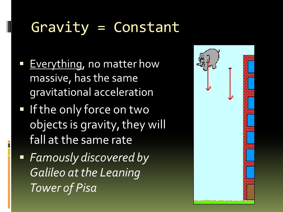Gravity = Constant  Everything, no matter how massive, has the same gravitational acceleration  If the only force on two objects is gravity, they will fall at the same rate  Famously discovered by Galileo at the Leaning Tower of Pisa