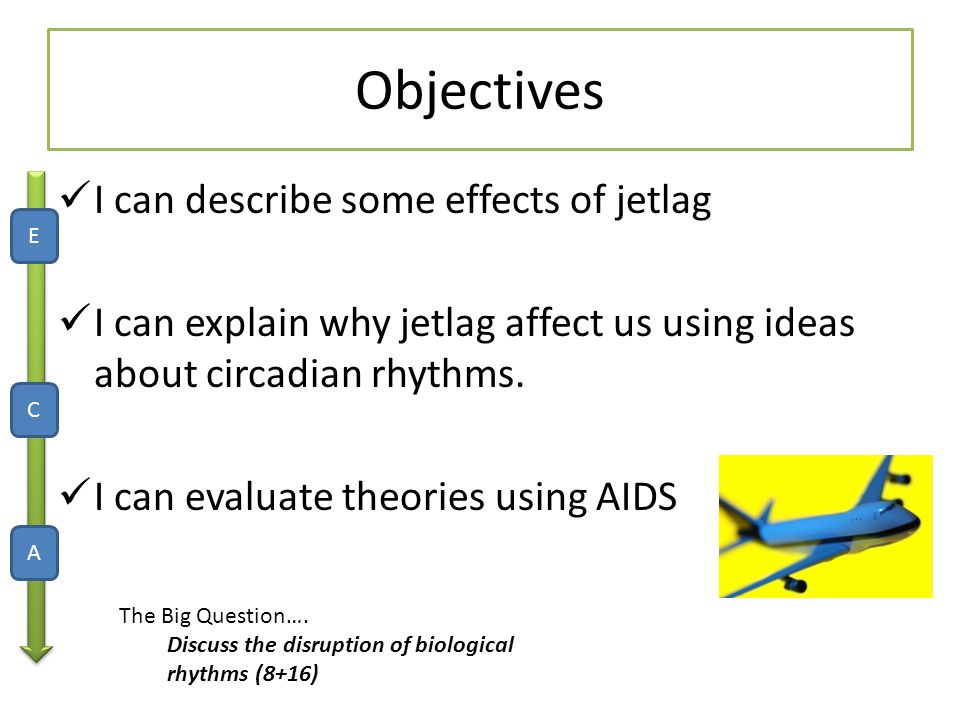 Objectives I can describe some effects of jetlag I can explain why jetlag affect us using ideas about circadian rhythms.