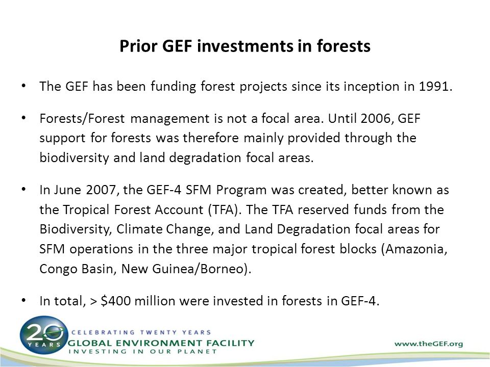 Prior GEF investments in forests The GEF has been funding forest projects since its inception in 1991.