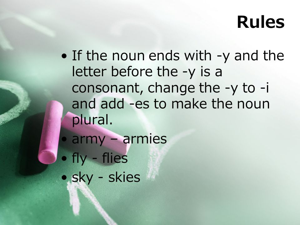 Rules If the noun ends with -y and the letter before the -y is a consonant, change the -y to -i and add -es to make the noun plural.