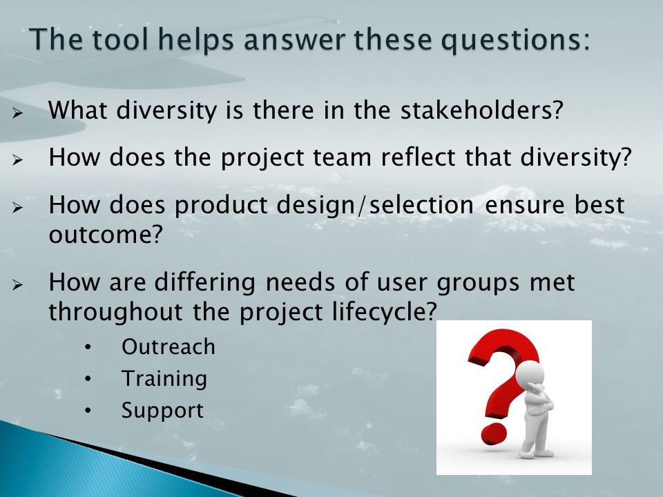  What diversity is there in the stakeholders.  How does the project team reflect that diversity.
