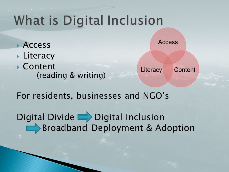 Access  Literacy  Content (reading & writing) For residents, businesses and NGO’s Digital Divide Digital Inclusion Broadband Deployment & Adoption