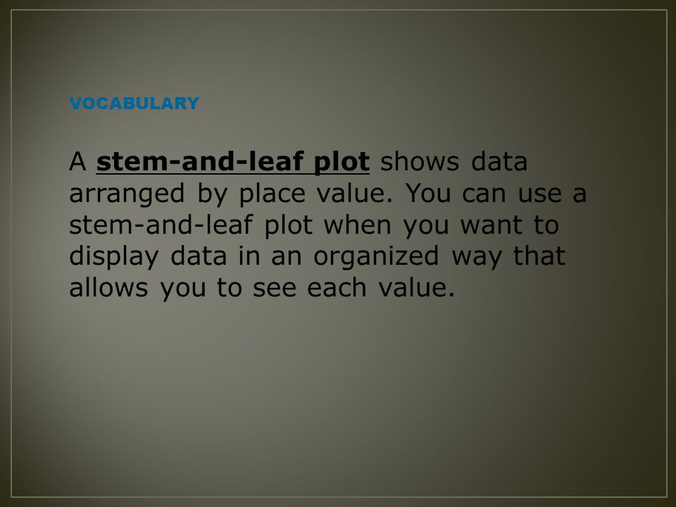 A stem-and-leaf plot shows data arranged by place value.