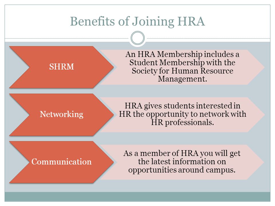 Benefits of Joining HRA SHRM An HRA Membership includes a Student Membership with the Society for Human Resource Management.